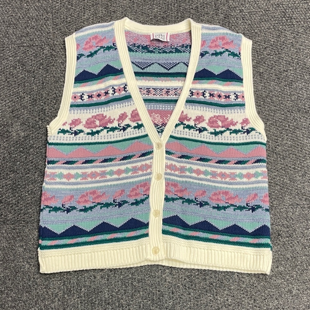 Vintage Cricket Lane Pink Floral Fair Isle Sweater Vest Cardigan XL Grandma